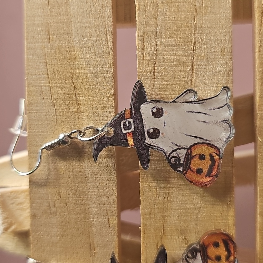 Halloween Ghost Earrings with Pumpkin - Picture 2 of 3